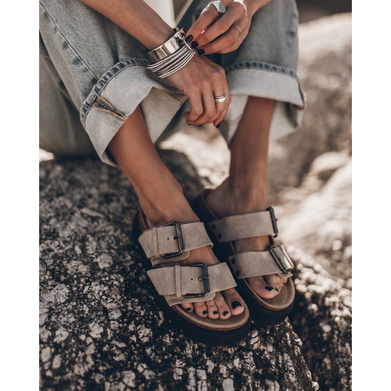 The Beige Suede Buckle Sandals