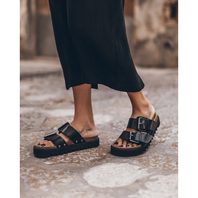 The Black Leather Buckle Sandals
