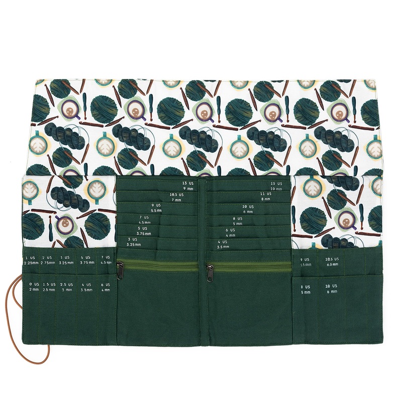 della Q DPN + Circular Case – 1136-1 – Fabric Print Collection – Coffee and Yarn Green