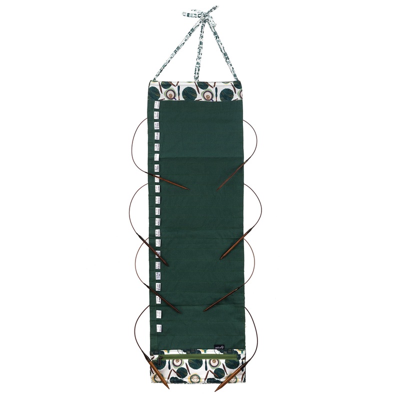 della Q Hanging Circular Needle Organizer – 142-1 – Fabric Print Collection – Coffee and Yarn Green