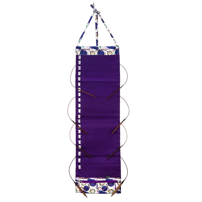 della Q Hanging Circular Needle Organizer – 142-1 – Fabric Print Collection – Coffee and Yarn Purple