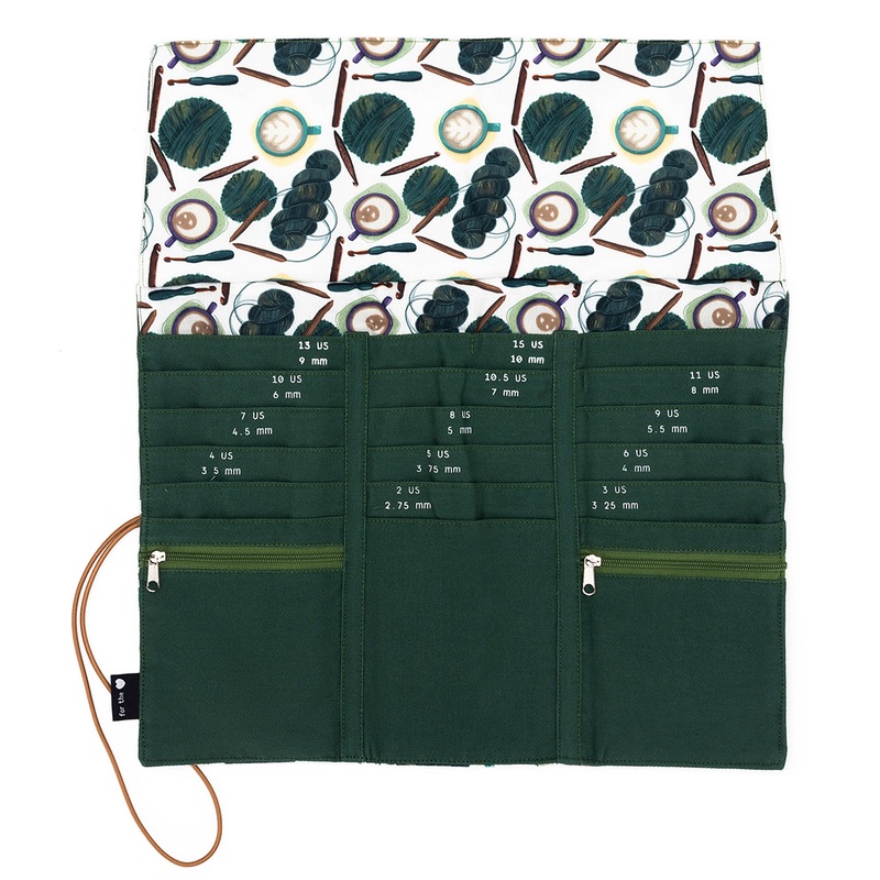 della Q Tri-Fold Circular Needle Case – 1145 – Fabric Print Collection – Coffee and Yarn Green