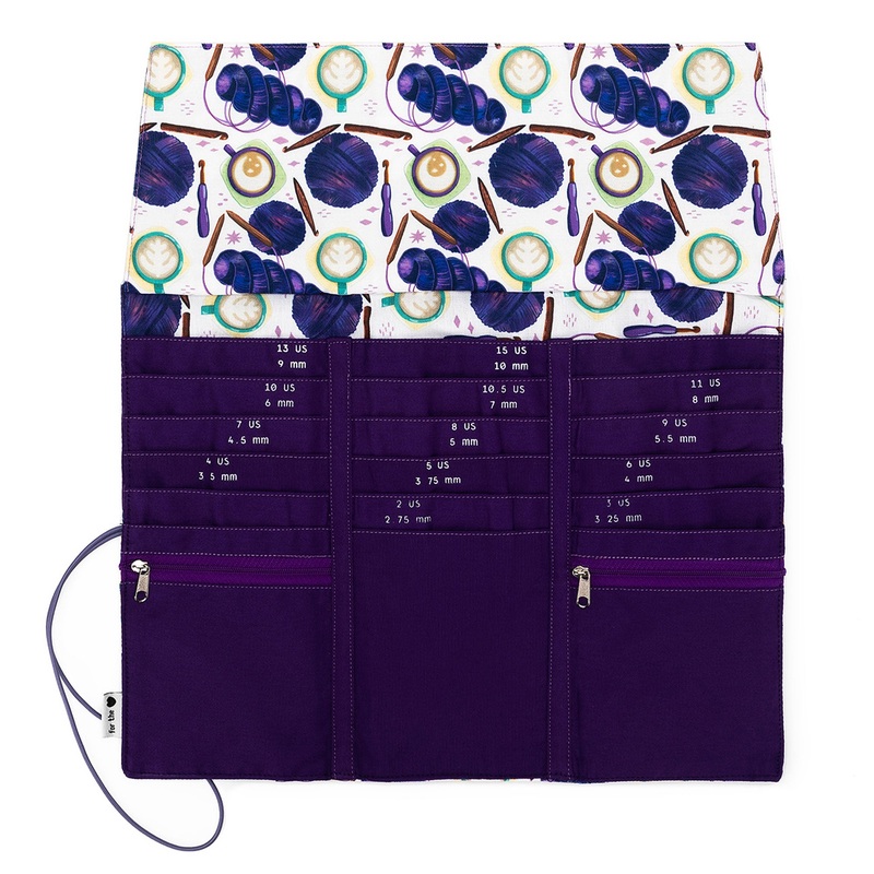 della Q Tri-Fold Circular Needle Case – 1145 – Fabric Print Collection – Coffee and Yarn Purple