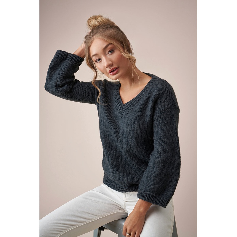 Rowan MODE at Rowan – Soft Boucle & Merino Aria Patterns – V Neck Sweater – PDF Download