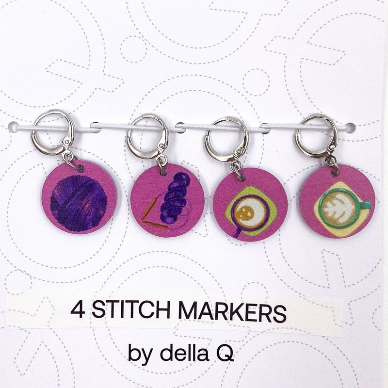della Q Stitch Marker Sets – Fabric Print Collection – Coffee and Yarn Purple