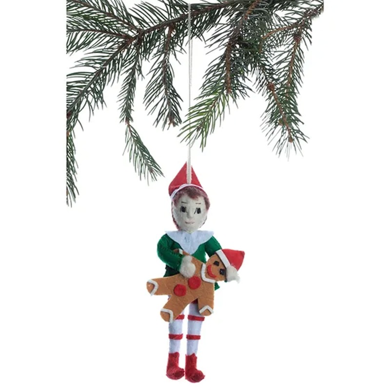 Silk Road Bazaar Handmade Felt Ornaments – Elf w/ Gingerbread
