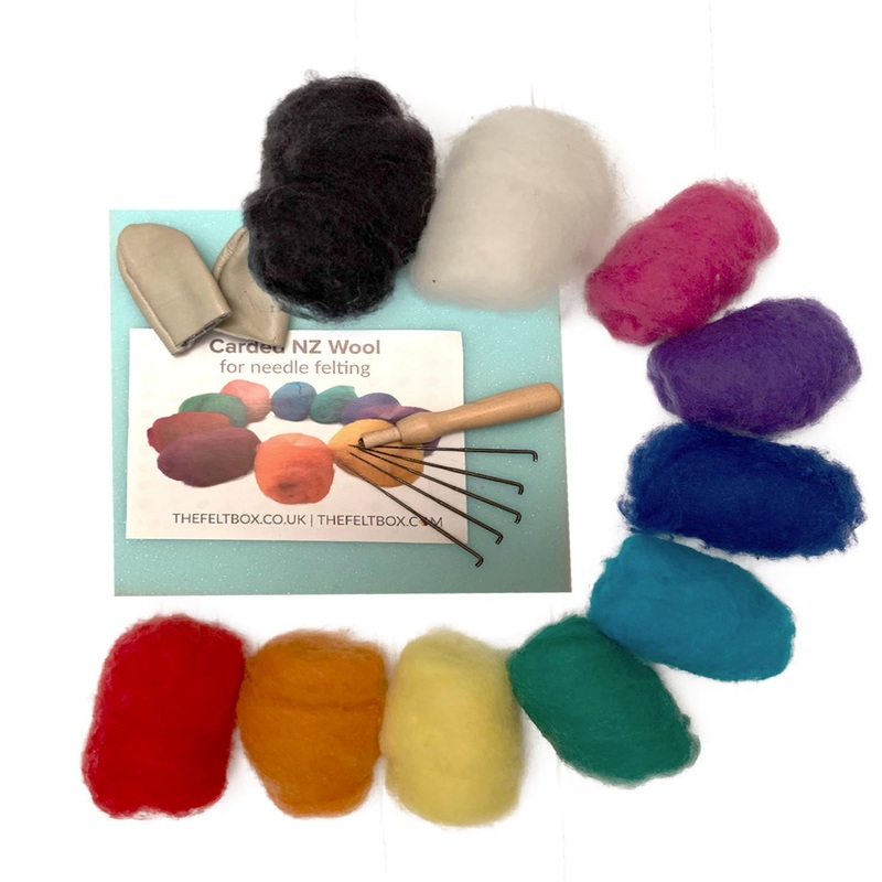 Needle Felting Starter Kit Small The Felt Box : 10 Colours Wool, Needles Mat Needle Holder Finger Protectors