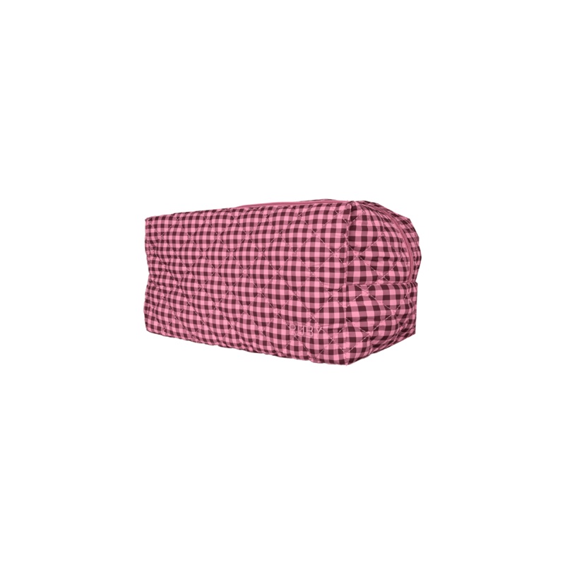 QUILTED TOILETRY BAG PINK BURGUNDY GINGHAM