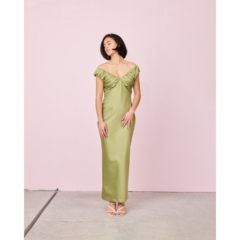 RAQUEL SATIN GOWN OLIVE|4|6|8|10|12|14|16|18|20