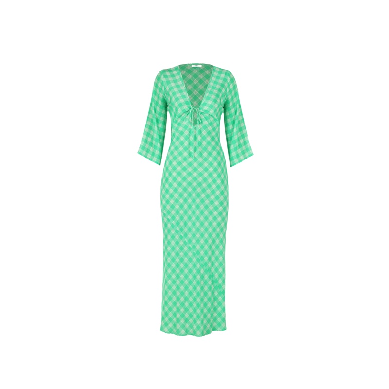 DIME SILK MIDI DRESS GREEN CHECK