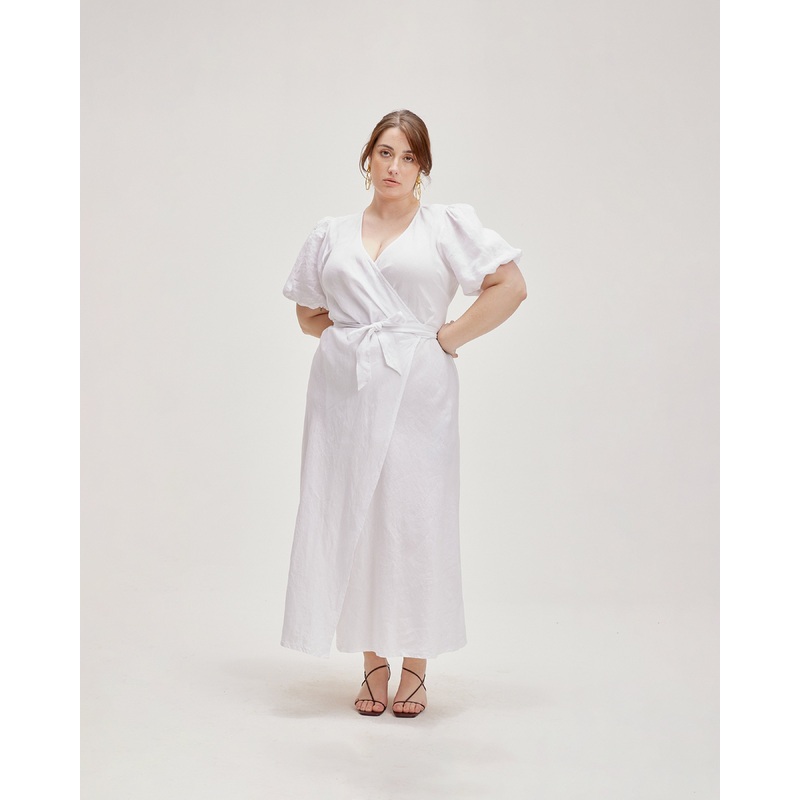 MELLOW LINEN WRAP DRESS WHITE|4|6|8|10|12|14|16|18|20