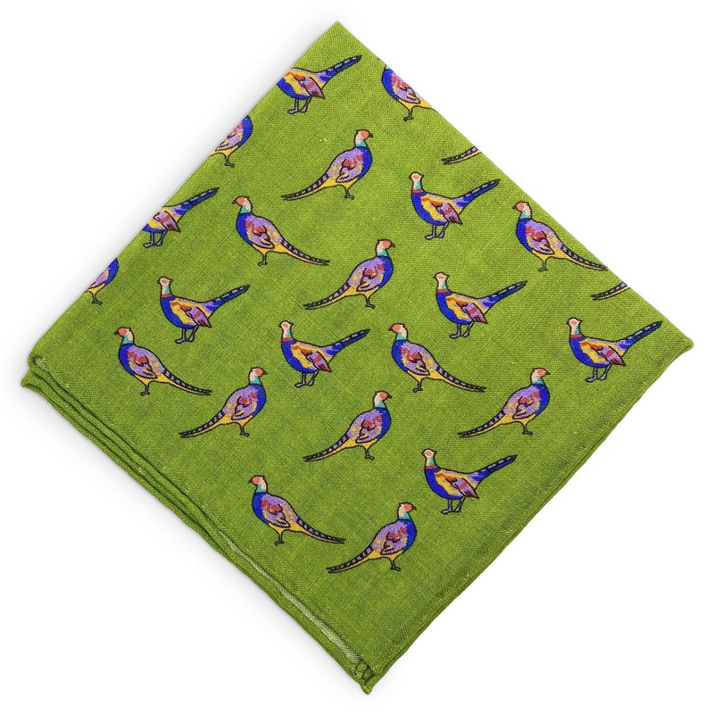 Pheasants: Silk/Wool Pocket Square – Green