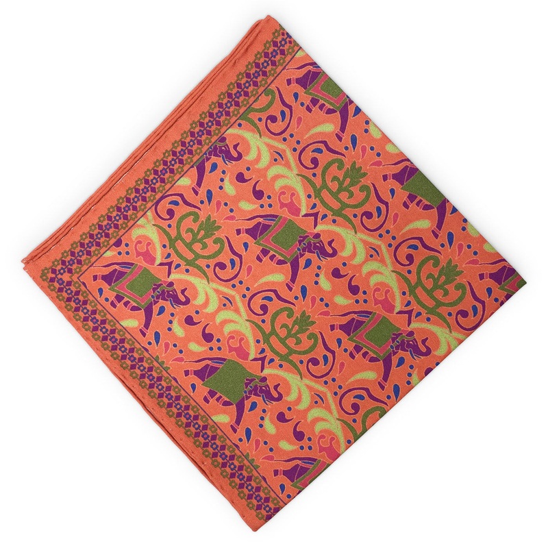 Elephants: Silk Pocket Square – Tangerine