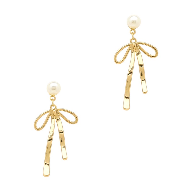 Pearl with Bows Gold Drop Earrings