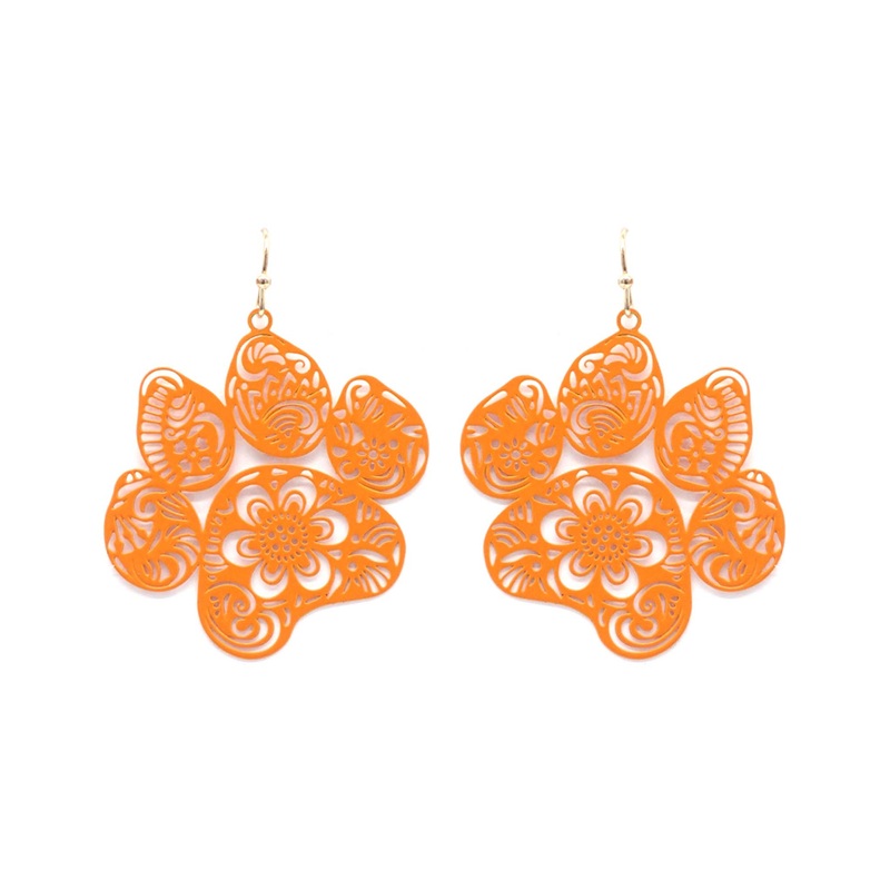 Orange Tiger Paw Filigree Dangle Earrings