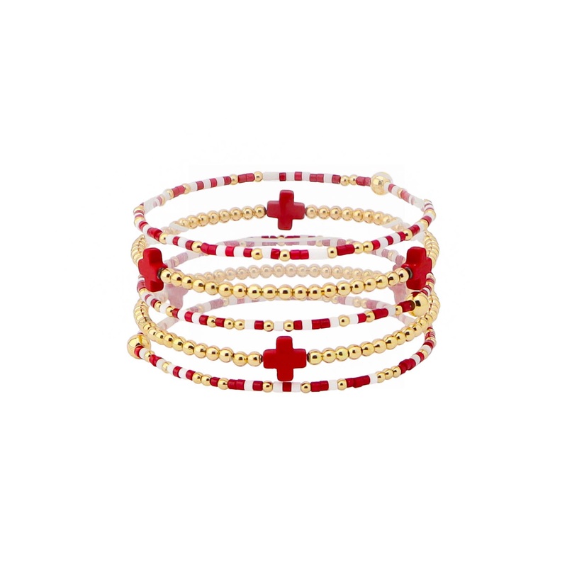 Beaded Bracelet Stack in Crimson and Gold