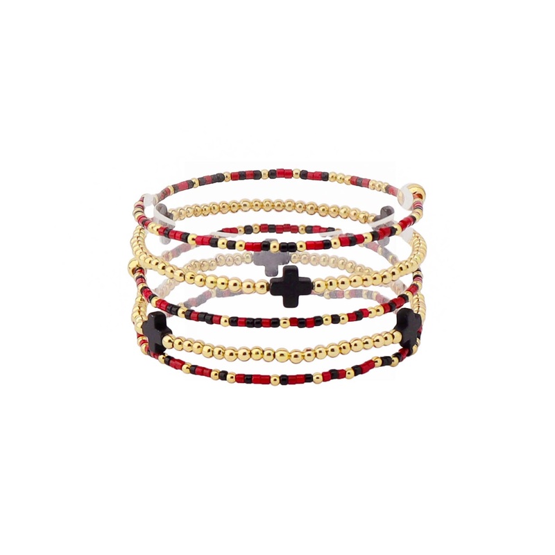 Beaded Bracelet Stack in Garnet Black and Gold