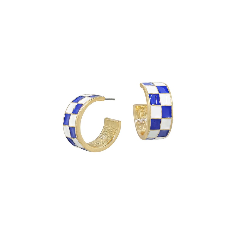 Blue and White Checkered Hoop Earrings