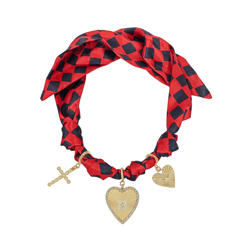 Red and Black Scarf Necklace with Charms