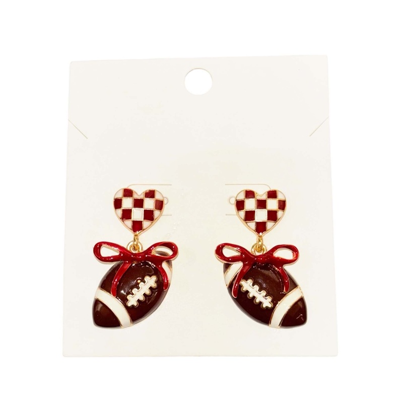 Crimson and White Checkered Heart and Bow Football Earrings
