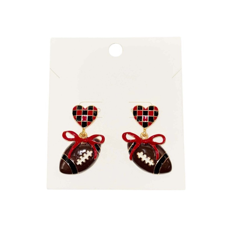Garnet and Black Checkered Heart and Bow Football Earrings