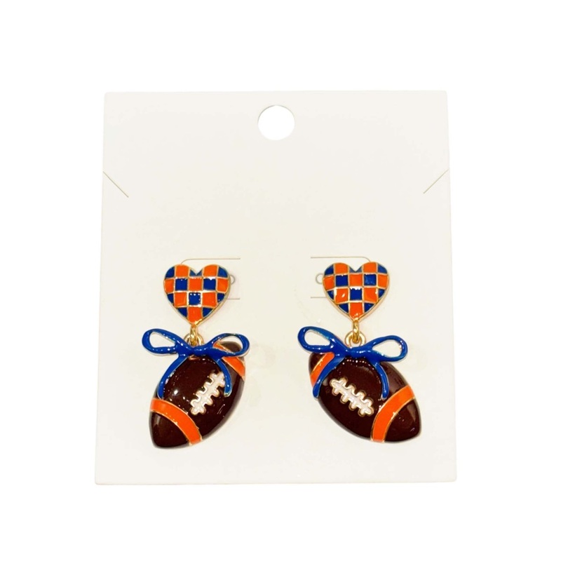 Orange and Blue Checkered Heart and Bow Football Earrings