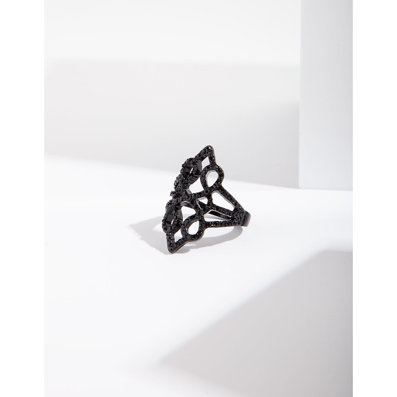 Black Diamante Filigree Ring|SM|ML