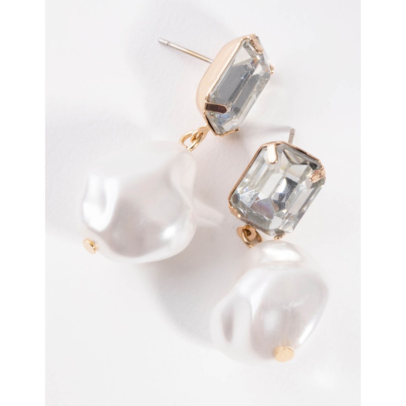 Gold Big Faux Pearl Drop Earrings