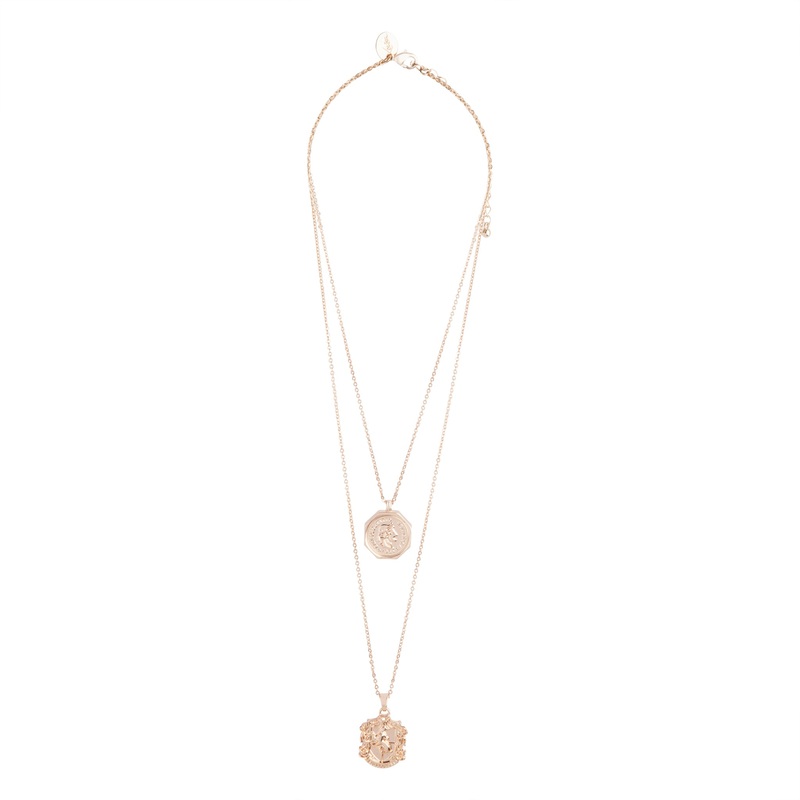 GOLD DOUBLE ROW COIN CHARM NECKLACE@