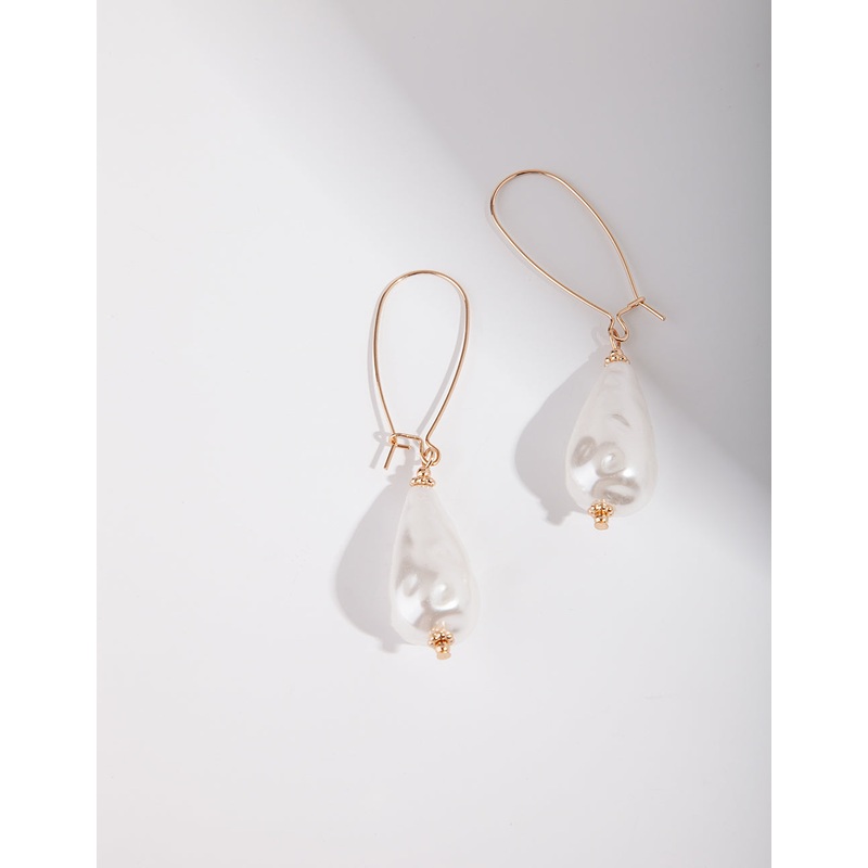 Gold Teardrop Pearl Hoop Earrings