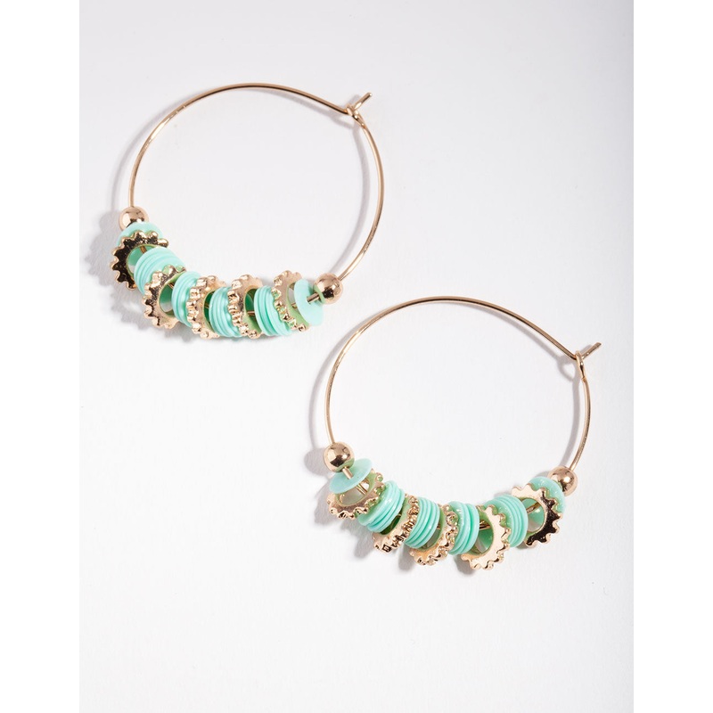 Gold Turquoise Half Flat Bead Hoop Earrings