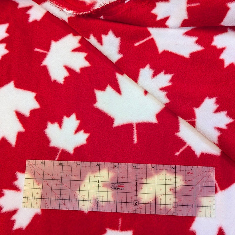 Polar Fleece in Canada Maple leaf print, red and white, non-pill on one side