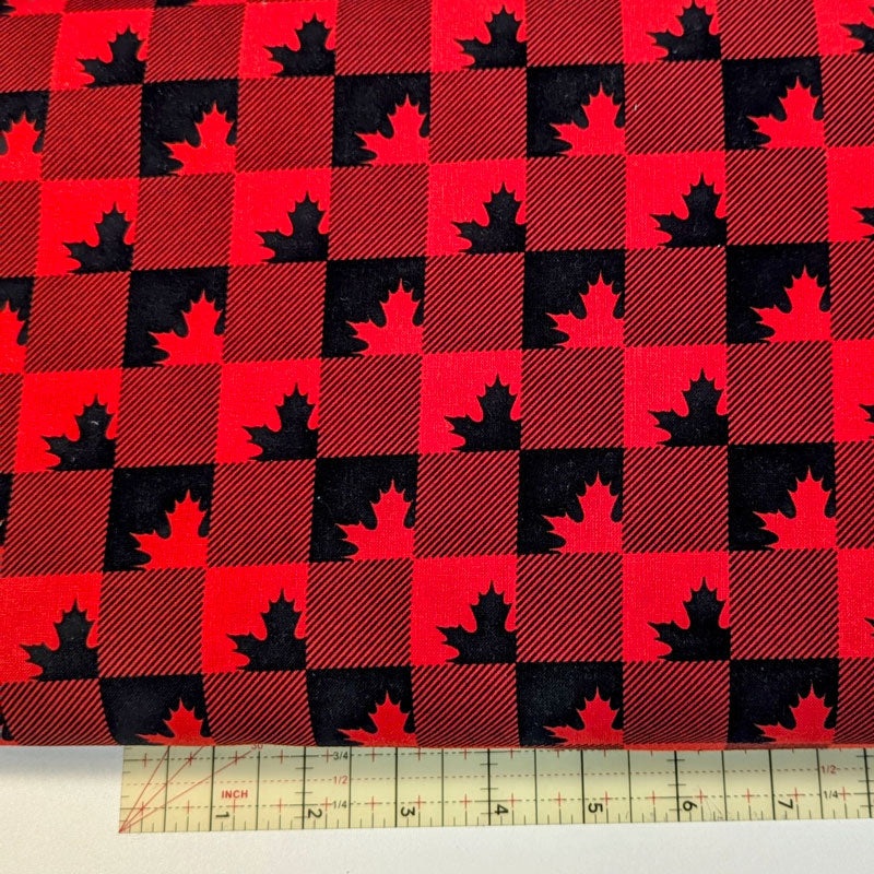 Quilting weight Cotton, Canada Collection, red and black check with maple leaves