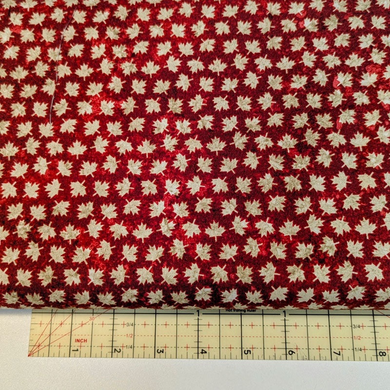 Quilting weight Cotton, Canada Collection, small vintage looking dk red and cream maple leaves