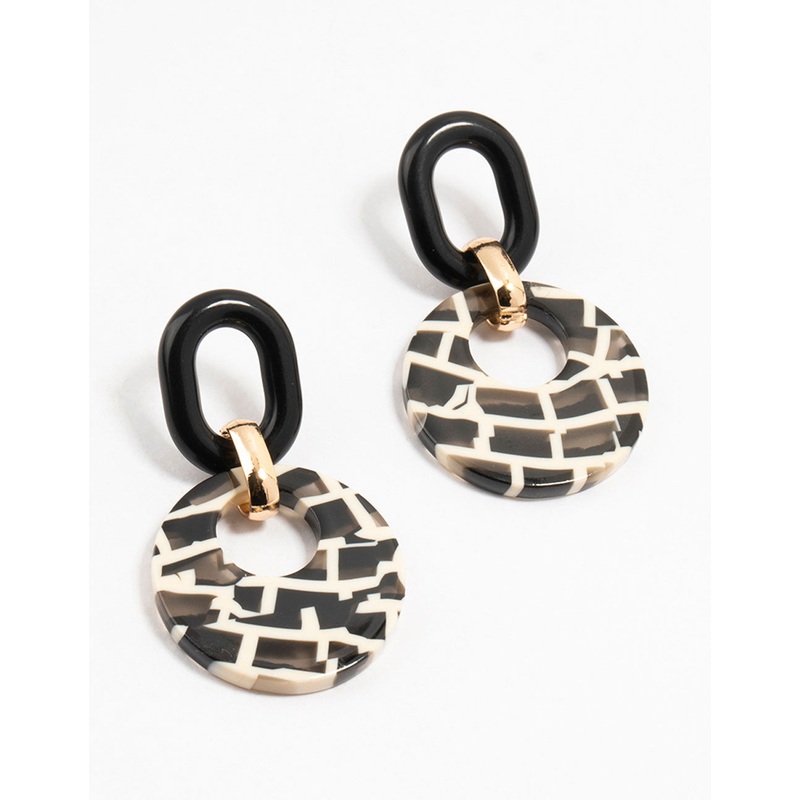 Acrylic Black & White Checked Disc Drop Earrings