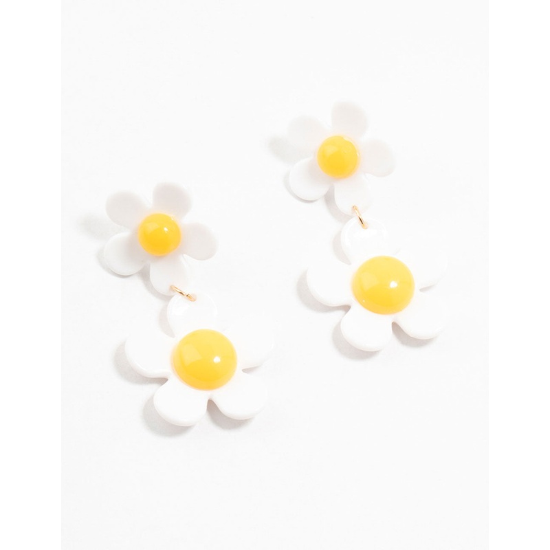 Acrylic White & Yellow Double Daisy Drop Earrings