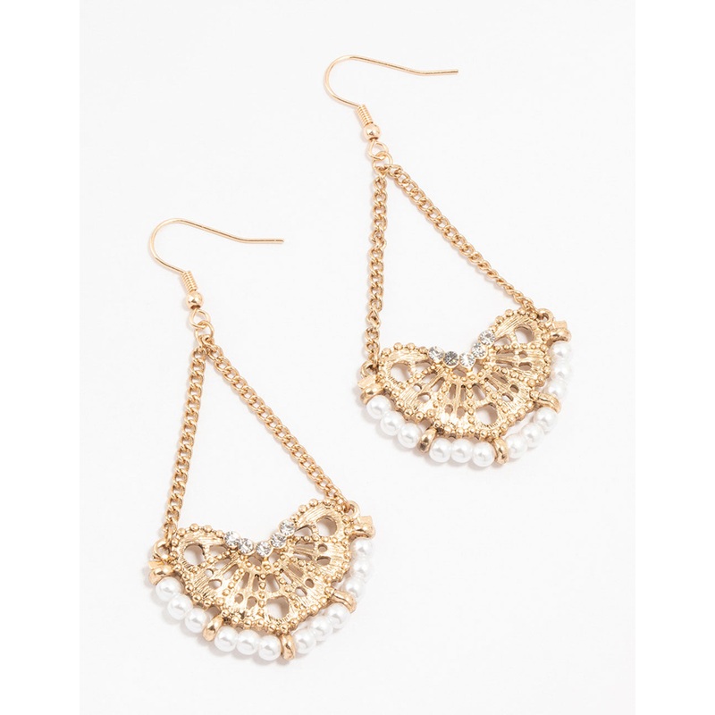 Antique Gold Pearl Chandelier Drop Earrings