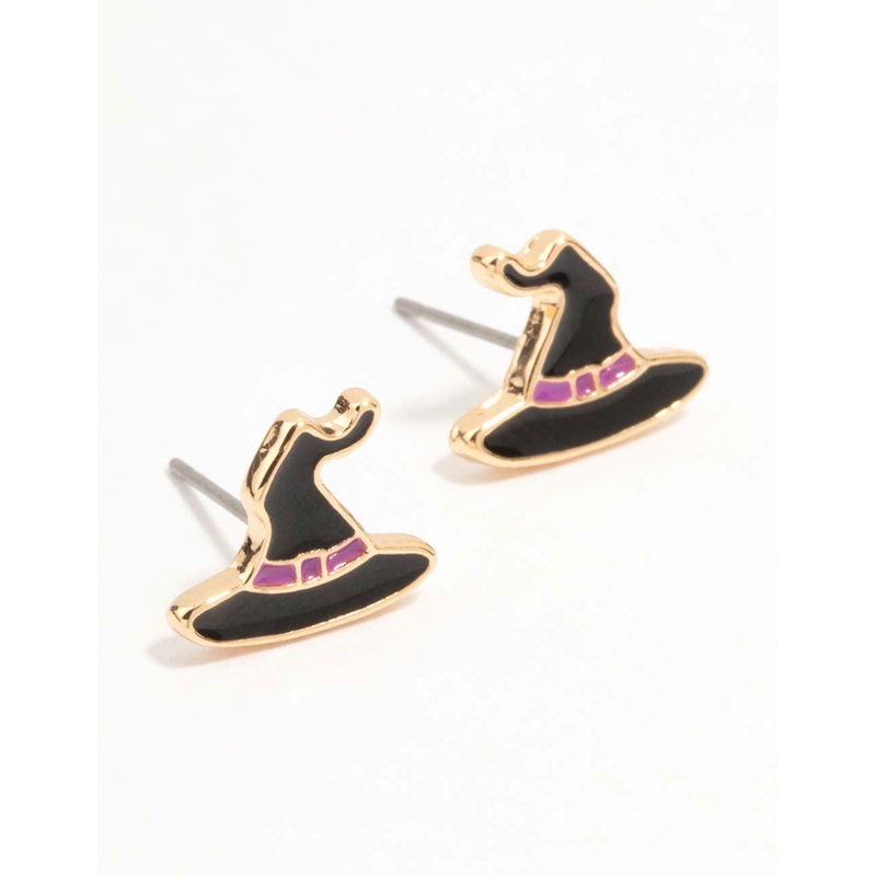 Black Witch Hat Stud Gold Earrings