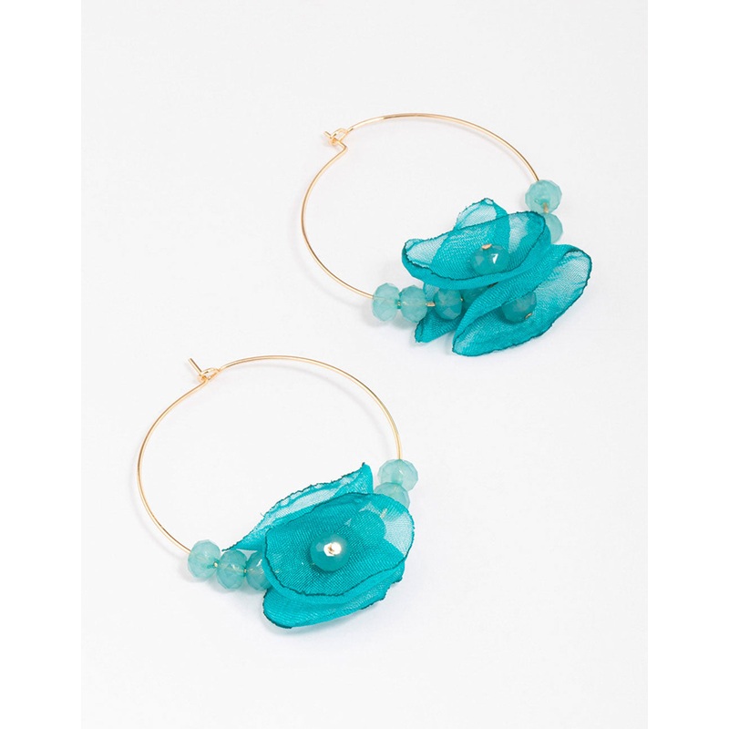 Gold & Blue Flower Beaded Hoop Earrings