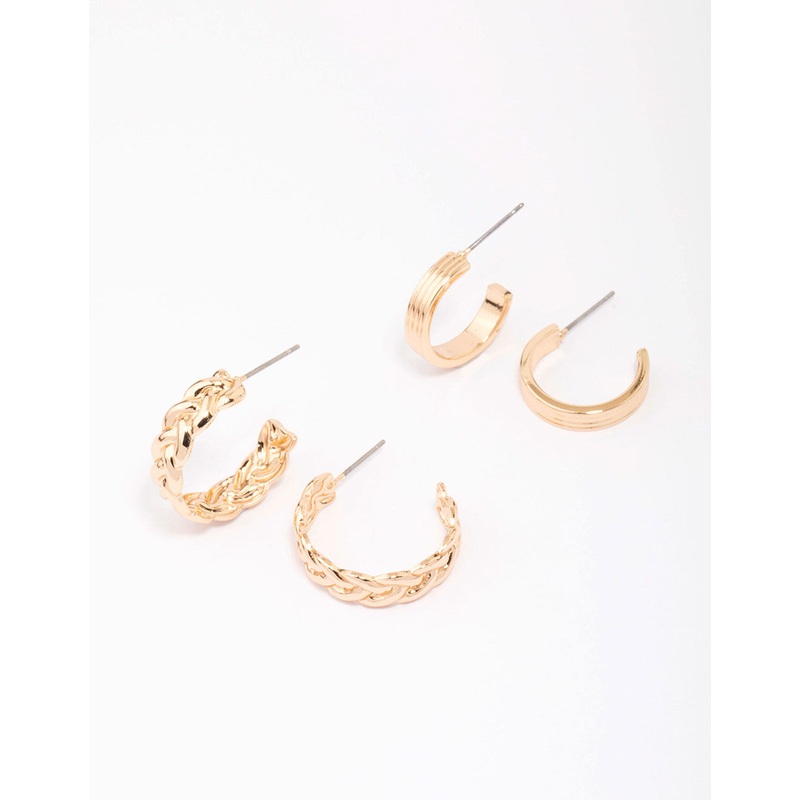 Gold Braided & Ribbed Hoop Earring Pack