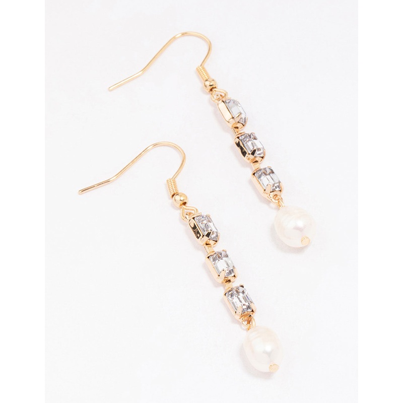 Gold Cupchain Pearl Crystal Drop Earrings