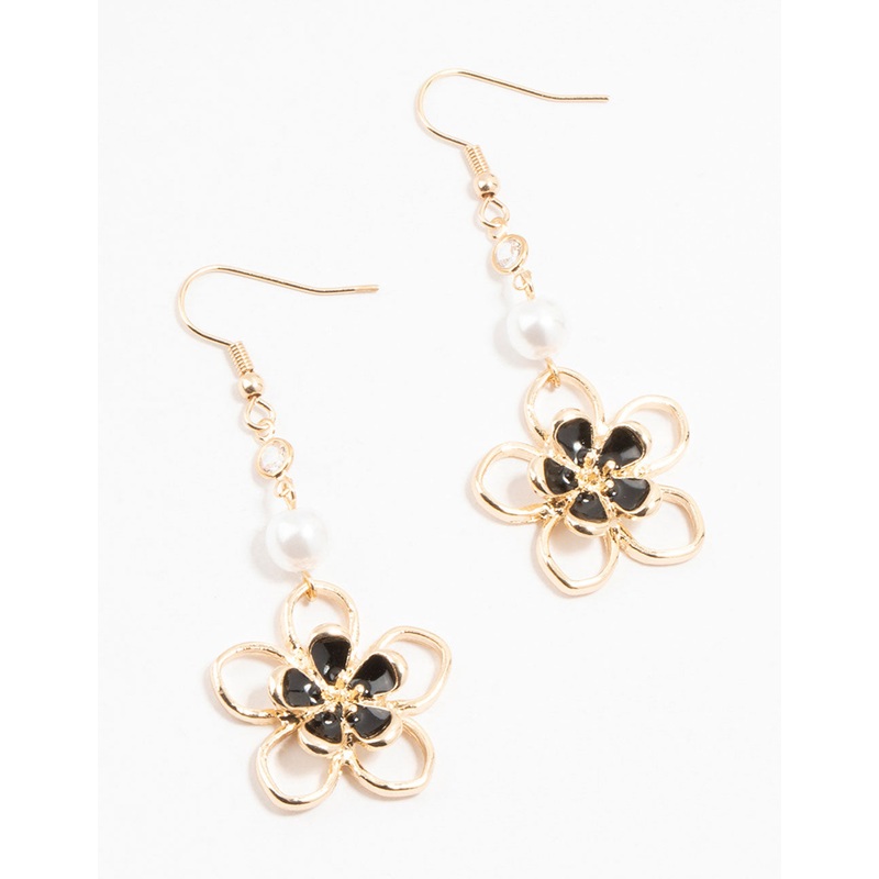Gold Cutout Black Flower Pearl Drop Earrings