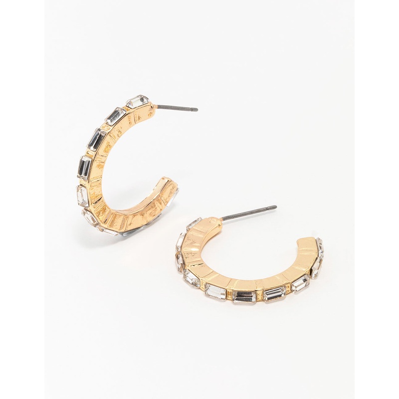Gold Diamante Encased Baguette Hoop Earrings