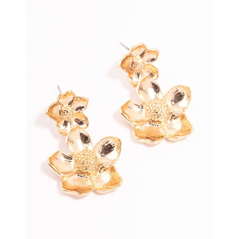 Gold Double Flower Drop Earrings
