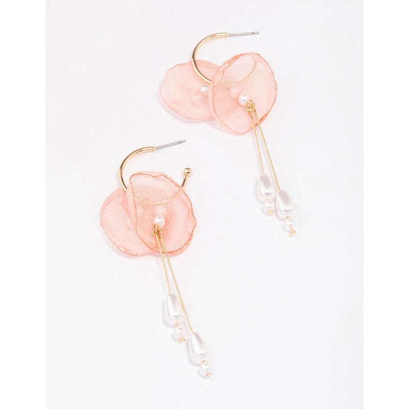Gold Fabric Flower Pearl Drop Earrings