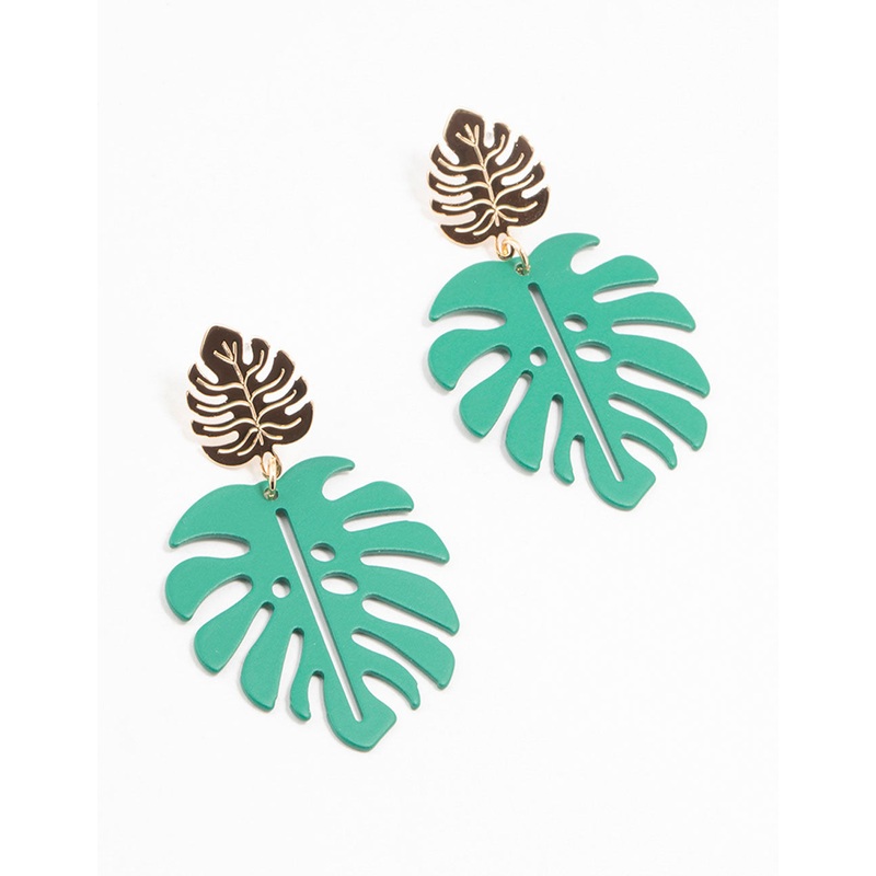 Gold & Green Coated Metal Monstera Leaf Drop Earrings