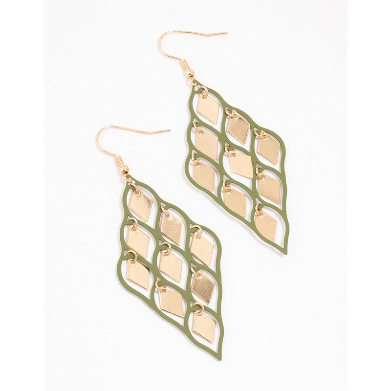 Gold & Green Diamond Cut Out Drop Earrings