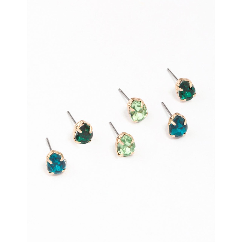 Gold & Green Pear Diamante Stud Earring 3-Pack