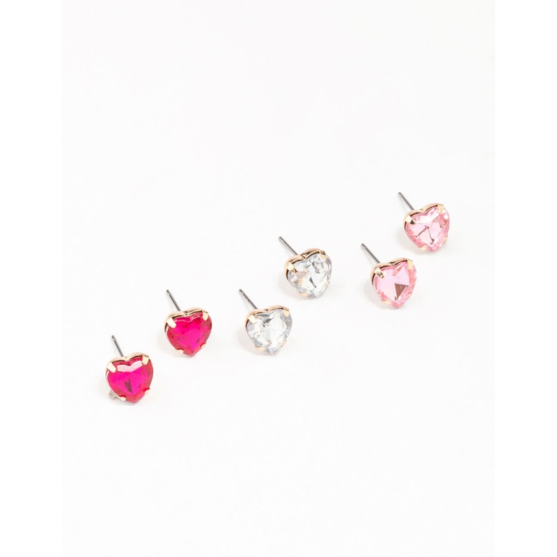 Gold Heart Diamante Stud Earring 3-Pack