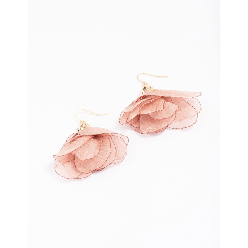 Gold Layered Fabric Flower Drop Earrings